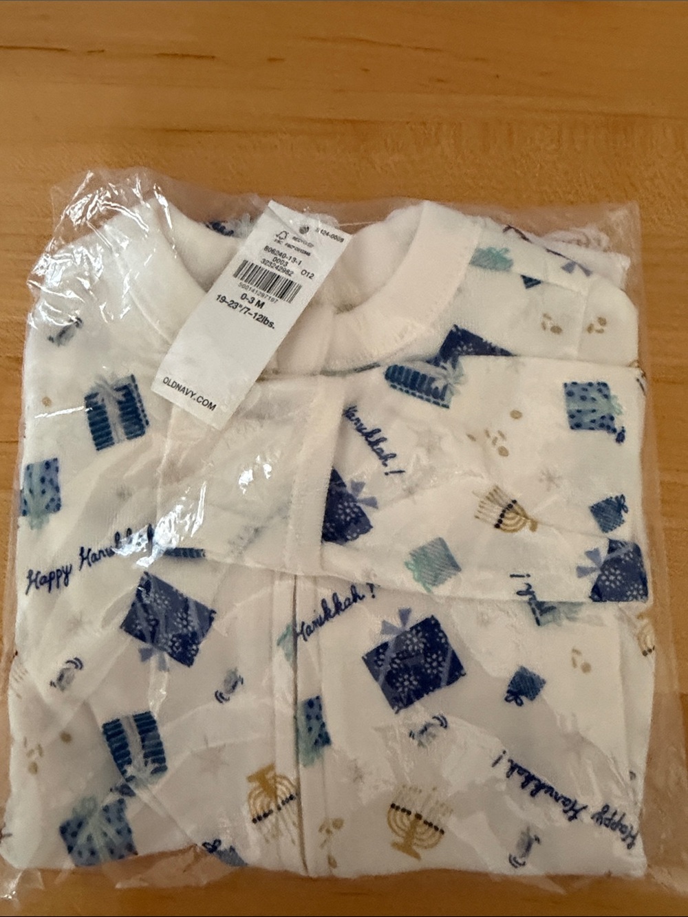 Baby Footed Pajamas with Holiday Gift Print - White & Navy